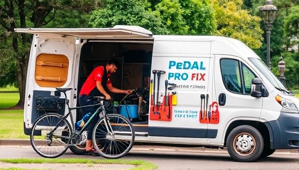 An image of a mobile repair van equipped with tools and a mechanic providing bike maintenance services in a park, showcasing the convenience and mobility of Pedal Pro Fix's on-demand services.
