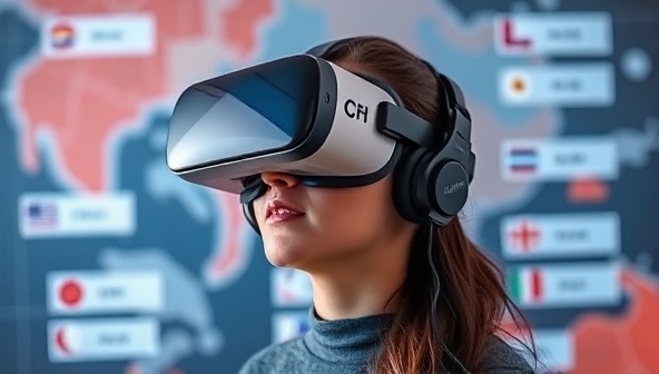 An individual wearing a VR headset, fully immersed in a virtual language learning environment with interactive language exercises and cultural simulations, illustrating the platform's engaging and futuristic approach to language learning.