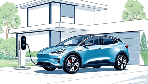 An illustration of a sleek, modern home with a shiny electric vehicle parked in the driveway, connected to a futuristic-looking charging station, showcasing convenience and sustainability.