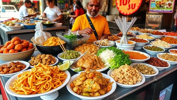 An enticing food spread featuring a variety of local dishes, street food delights, and specialty treats from different vendors, set against a backdrop of a bustling food market or vibrant dining district, capturing the essence of culinary exploration and discovery with TasteQuest Tours.