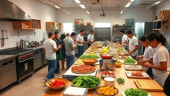 A vibrant culinary studio setting with state-of-the-art kitchen equipment, long communal cooking tables, and a diverse array of fresh ingredients and spices, where participants engage in a lively cooking session led by a professional chef, fostering a dynamic and interactive culinary learning environment.