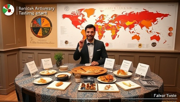 A dynamic virtual tasting setup with a host presenting various food samples on a beautifully decorated table, accompanied by tasting cards, flavor wheels, and a world map showcasing the origins of each delicacy, evoking a sense of global culinary exploration and discovery.