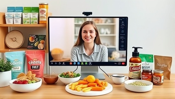 A virtual consultation setup with a nutritionist discussing food allergy management on a video call with a client, surrounded by allergy-friendly food products and educational resources, conveying expertise and personalized care for allergy-safe eating.