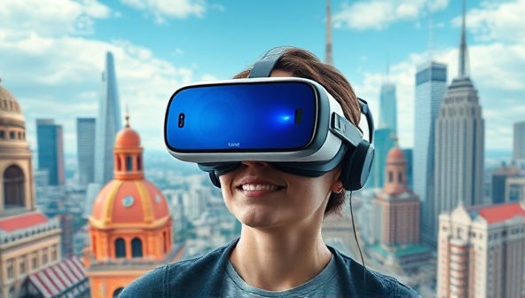 An immersive virtual reality headset displaying a user exploring a vibrant virtual cityscape, surrounded by digital representations of famous landmarks and cultural icons, evoking a sense of global exploration and discovery.