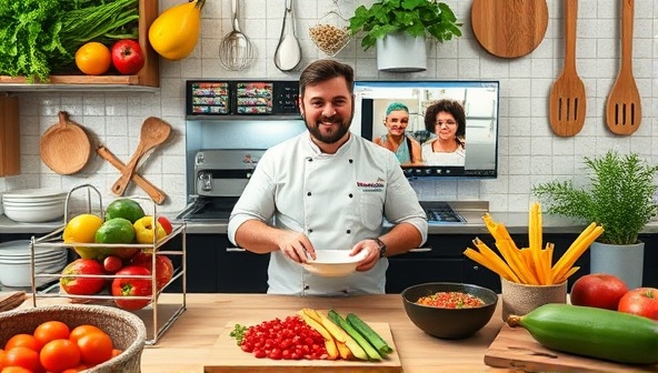 An engaging virtual cooking class setup with a professional chef instructing participants through a live video stream, showcasing colorful ingredients, cooking utensils, and a digital recipe guide, creating an interactive and immersive cooking experience.