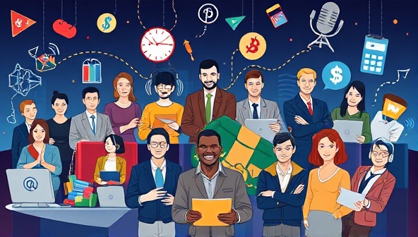 An artistic depiction of a dynamic financial podcast network, featuring a diverse lineup of podcast hosts, financial experts, and engaging content themes, symbolizing a rich audio experience for subscribers seeking financial wisdom and inspiration.