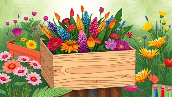 An artistic illustration of a vibrant seed box overflowing with colorful organic seeds, surrounded by lush greenery and blooming flowers, evoking a sense of abundance and natural beauty in local gardening.