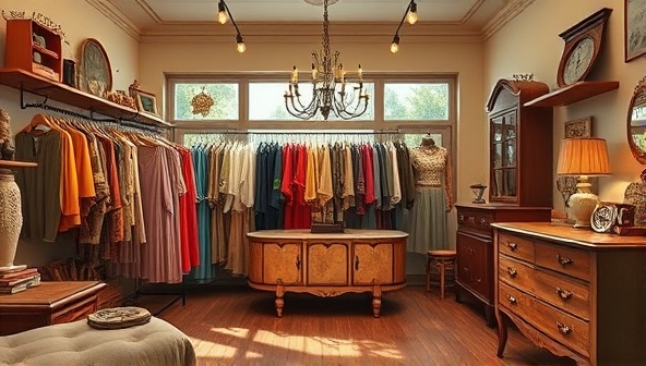 An enticing virtual store interface with a retro-themed design, featuring vintage clothing racks, antique furniture displays, and interactive elements for a nostalgic and immersive online shopping experience.