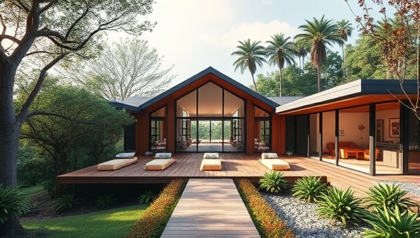 A tranquil architectural rendering of a wellness retreat center surrounded by nature, featuring yoga decks, meditation gardens, and natural light-filled interiors, evoking a sense of peace and serenity envisioned by ZenHaven Designs.