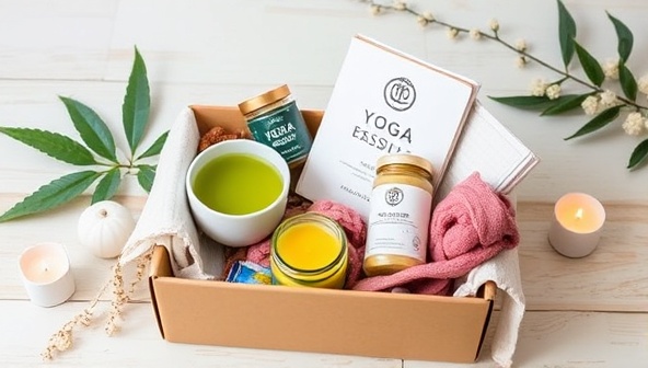 An aesthetic and calming image of a beautifully arranged wellness box filled with green tea, scented candles, yoga accessories, herbal supplements, and a journal, creating a serene and inviting atmosphere that promotes relaxation and well-being for WellnessWonders subscribers.