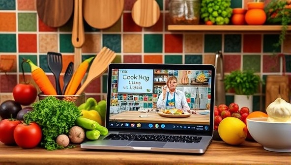 A vibrant kitchen setting with diverse ingredients, utensils, and a laptop displaying a live cooking class, showcasing a fun and educational culinary experience.