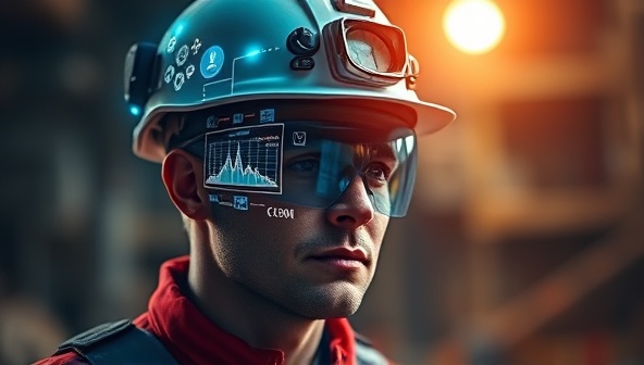 An innovative visualization of a miner wearing a smart safety helmet embedded with sensors, displaying vital signs and environmental data on a transparent visor, with a communication device integrated into the helmet, ensuring real-time safety monitoring and communication in mining operations, highlighting the advanced features of SafeMine Tech's smart helmets.