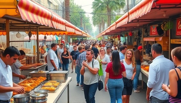 A bustling street fair scene with colorful tents and food stalls, chefs cooking up delicious dishes, attendees sampling various cuisines, and live music performances in the background, capturing the lively and gastronomic atmosphere of the event.