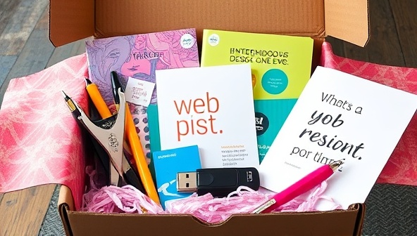 An artistic and colorful subscription box filled with web design tools, sketchbooks, inspirational quotes, and a USB drive containing design resources, evoking creativity and excitement for subscribers to explore and create.