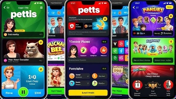 A vibrant and colorful mobile screen split into multiple sections, each showcasing different social betting games and challenges with animated characters and lively graphics, conveying the fun and competitive nature of the BetFrenzy app.