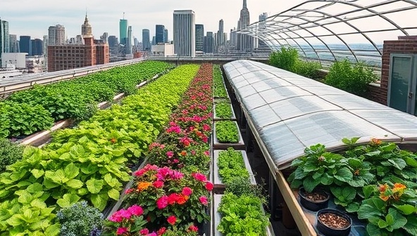 An expansive rooftop greenhouse filled with lush greenery, colorful flowers, and thriving vegetable plants, set against a backdrop of city skyscrapers and urban landscapes, showcasing the vibrant and sustainable essence of SkyFarm Rentals.