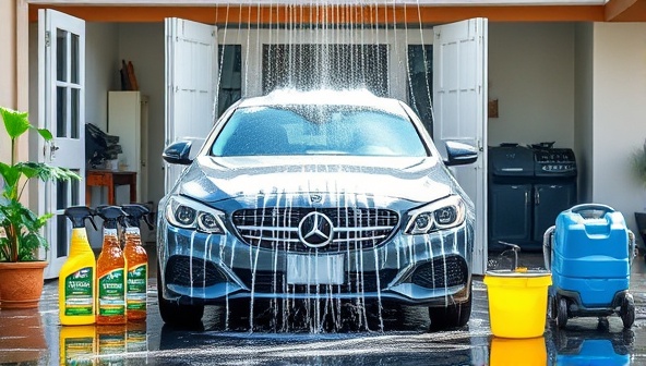 An eye-catching graphic showcasing a sparkling clean car being washed by a professional at a customer's home, surrounded by eco-friendly cleaning products and equipment, highlighting convenience and eco-consciousness.