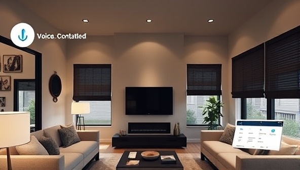 An elegant and modern living room setting with smart home devices seamlessly integrated, showcasing voice-controlled lighting, automated blinds, and a centralized control panel, illustrating the sophistication and convenience of IntelliHaus Solutions' installations.