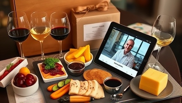 A beautifully arranged tasting kit with a variety of gourmet foods, glasses of wine, tasting notes, and a tablet displaying a virtual tasting session with a knowledgeable host, creating a luxurious and engaging sensory experience.