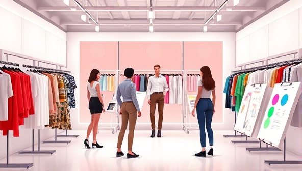 An animated virtual fashion studio with digital mannequins, fabric swatches, design sketches, and avatars of users exploring fashion design options, conveying the creativity and innovation of the online fashion design studio on the platform.