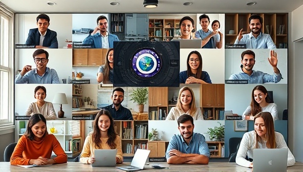 An engaging virtual classroom setting with a diverse group of language learners interacting with native speakers through video calls, language exercises, and cultural exchange activities, fostering an immersive learning experience.