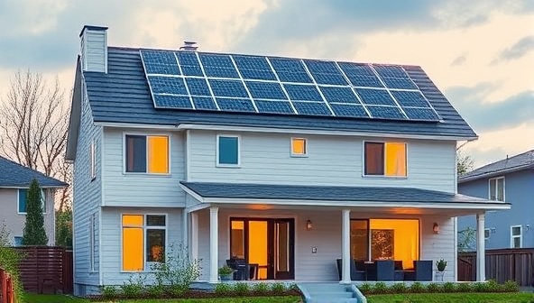 A modern home with solar panels on the roof, LED light fixtures, and smart home devices, symbolizing energy efficiency and sustainability in a residential setting.