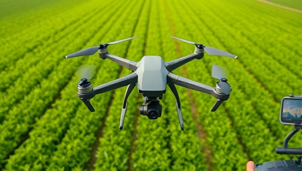 Aerial view captured by a drone showing lush green fields, precision planting patterns, and detailed crop health analysis, with a drone operator monitoring the flight, illustrating the efficiency and precision of agricultural drone services for crop monitoring.