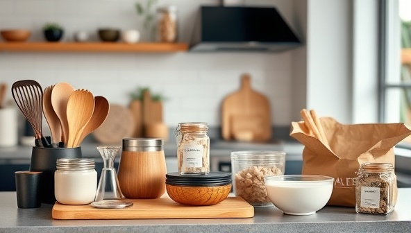 An image featuring a collection of stylish and sustainable kitchen utensils, reusable containers, and biodegradable packaging materials arranged in a modern kitchen setting, emphasizing the elegance and practicality of eco-friendly kitchen essentials.