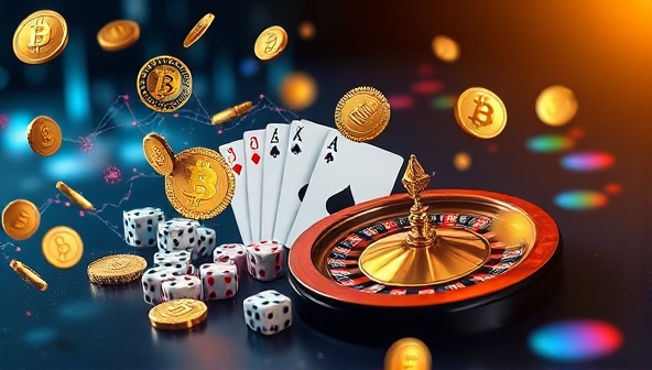 An innovative digital artwork featuring a blend of cryptocurrency symbols (Bitcoin, Ethereum, etc.) and traditional gambling elements (cards, dice, roulette wheel), symbolizing the fusion of finance and gaming in the digital age.