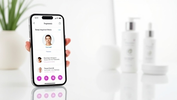 An engaging visual representation of the SkinGenius Analyzer app interface on a smartphone screen, displaying skin analysis results, personalized skincare recommendations, and a progress tracker, showcasing the app's functionality and user-friendly design in a modern beauty context.