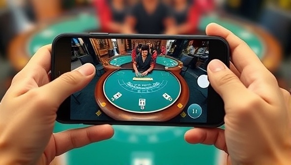 An augmented reality view on a smartphone showing a virtual blackjack table and dealer superimposed on a real-world table, creating a seamless AR casino experience.