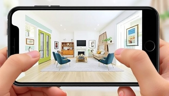An engaging visual of a smartphone displaying the ARchitect Vision app in action, overlaying virtual furniture and decor elements onto a live camera view of a room, with a user exploring design options and color schemes, illustrating the immersive and interactive nature of the AR home design experience.