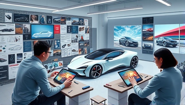 An imaginative digital illustration depicting a virtual car design studio with designers creating futuristic vehicle concepts on digital tablets, surrounded by design tools, mood boards, and inspirational images, capturing the essence of creativity and innovation in automotive design.