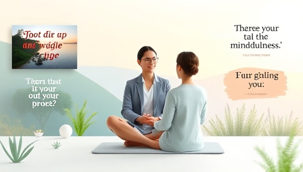 An uplifting visual of a virtual mental wellness coaching session with a coach guiding a client through mindfulness exercises, surrounded by calming nature images and inspirational quotes, creating a serene and supportive virtual environment for mental well-being.