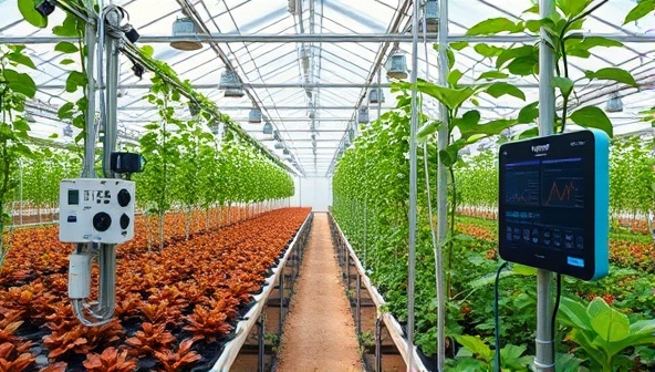 An advanced greenhouse setup equipped with a network of high-tech sensors, data screens, and automated controls, showcasing the seamless integration of the smart monitoring system into a modern agricultural environment.