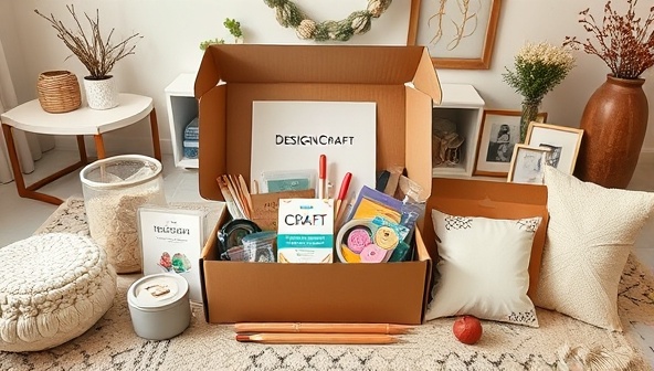 An aesthetically pleasing flat lay display of a DesignCraft Kit box filled with various crafting materials, tools, and finished DIY home decor projects, arranged in a cozy home setting with soft lighting and decorative accents, inspiring creativity and customization.