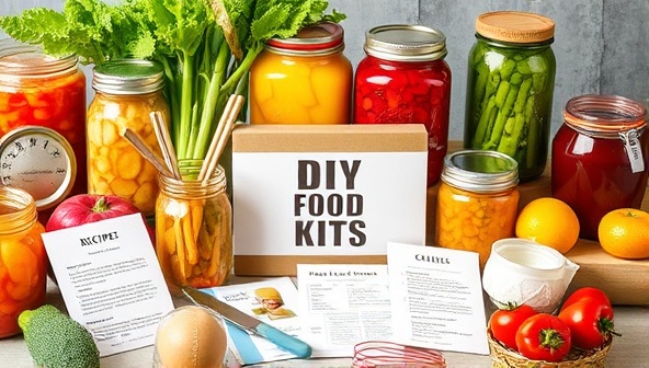 An enticing display of DIY food preservation kits showcasing colorful jars, fresh produce, recipe cards, and preservation tools, evoking a sense of creativity and sustainability in home food preparation.