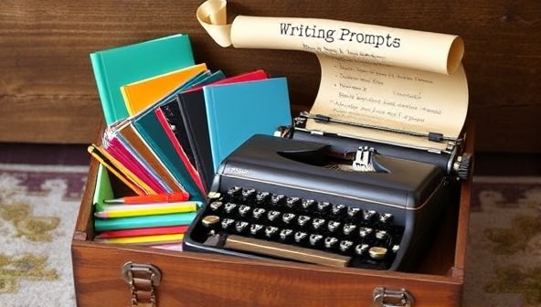 An open wooden crate filled with colorful notebooks, pens, a vintage typewriter, and a mysterious scroll of writing prompts, evoking a sense of creativity and inspiration.