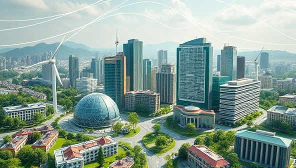 An inspiring and eco-conscious image of a digital cityscape with green infrastructure, renewable energy sources, and sustainable banking symbols integrated into the landscape, representing the vision of a greener and more ethical financial ecosystem fostered by the EcoBanking Hub community, inspiring positive change and collective action.