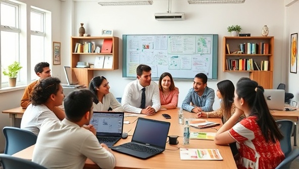 An engaging virtual classroom environment with diverse students interacting with a knowledgeable tutor, showcasing dynamic learning experiences and collaboration.