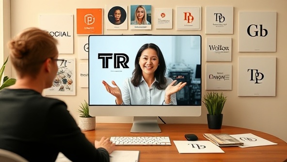 An online personal branding consultation with a branding expert discussing brand strategies on a video call, surrounded by brand mood boards, logo designs, and social media profiles, creating a cohesive and impactful personal brand identity, symbolizing authenticity and professionalism.