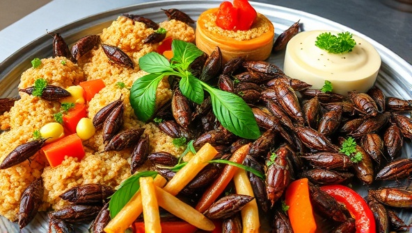 An appetizing platter of gourmet dishes featuring edible insect delicacies creatively presented with fresh herbs and colorful garnishes, showcasing the culinary versatility and nutritional benefits of cricket farming as a sustainable protein source.