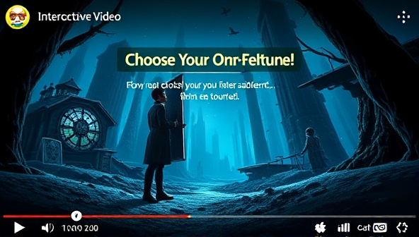 An engaging interactive video interface displaying a choose-your-own-adventure scenario with clickable options, quizzes, and engaging visuals, illustrating the immersive and interactive nature of content created using InteractVid.