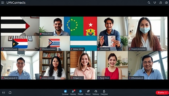 An online language exchange session featuring participants from different countries engaging in virtual language practice, cultural sharing, and collaborative learning activities, capturing the diverse and interactive nature of LinguaLink Connect's language learning community.