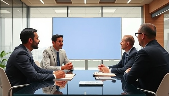 A virtual meeting scene with procurement experts advising government officials on strategic procurement decisions, highlighting the firm's expertise and commitment to optimizing procurement processes.