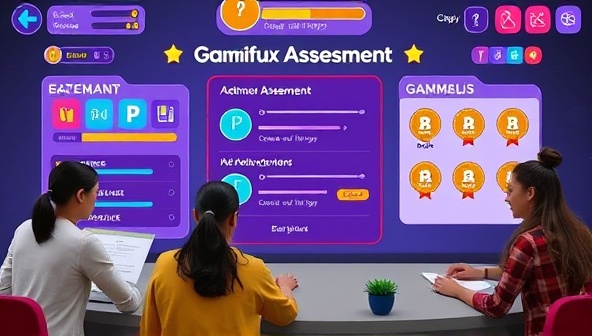 An interactive visual representation of a gamified learning assessment, featuring colorful game elements, progress bars, and achievement badges, with students actively participating in the assessment tasks, highlighting the fun and engaging nature of the educational experience.