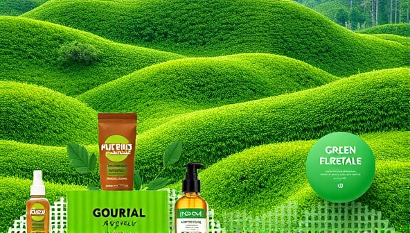 An artistic representation of a lush green landscape with eco-friendly product placements and influencers advocating for sustainability, symbolizing the authentic and impactful collaborations facilitated by Ecofluence Agency in the eco-conscious market.