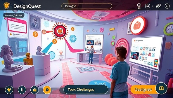 An immersive game interface of DesignQuest showcasing a user navigating through design challenges and tasks in a virtual world filled with design elements, badges, and rewards, illustrating the engaging and interactive learning experience offered by the platform.