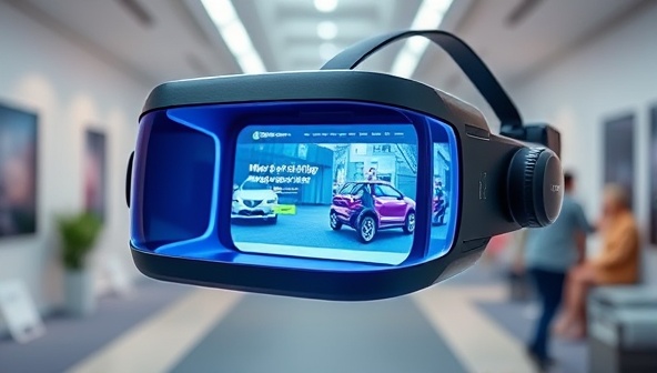 An AR headset displaying a virtual representation of a website design in a real-world environment, with digital elements seamlessly integrated into the physical space, demonstrating the immersive and interactive nature of AR website showcases.