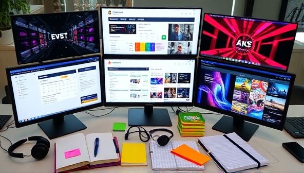 A digital workspace setup with multiple screens displaying virtual event platforms, event schedules, and creative event themes, surrounded by event planning notebooks, colorful sticky notes, and a headset, creating a dynamic and organized atmosphere.